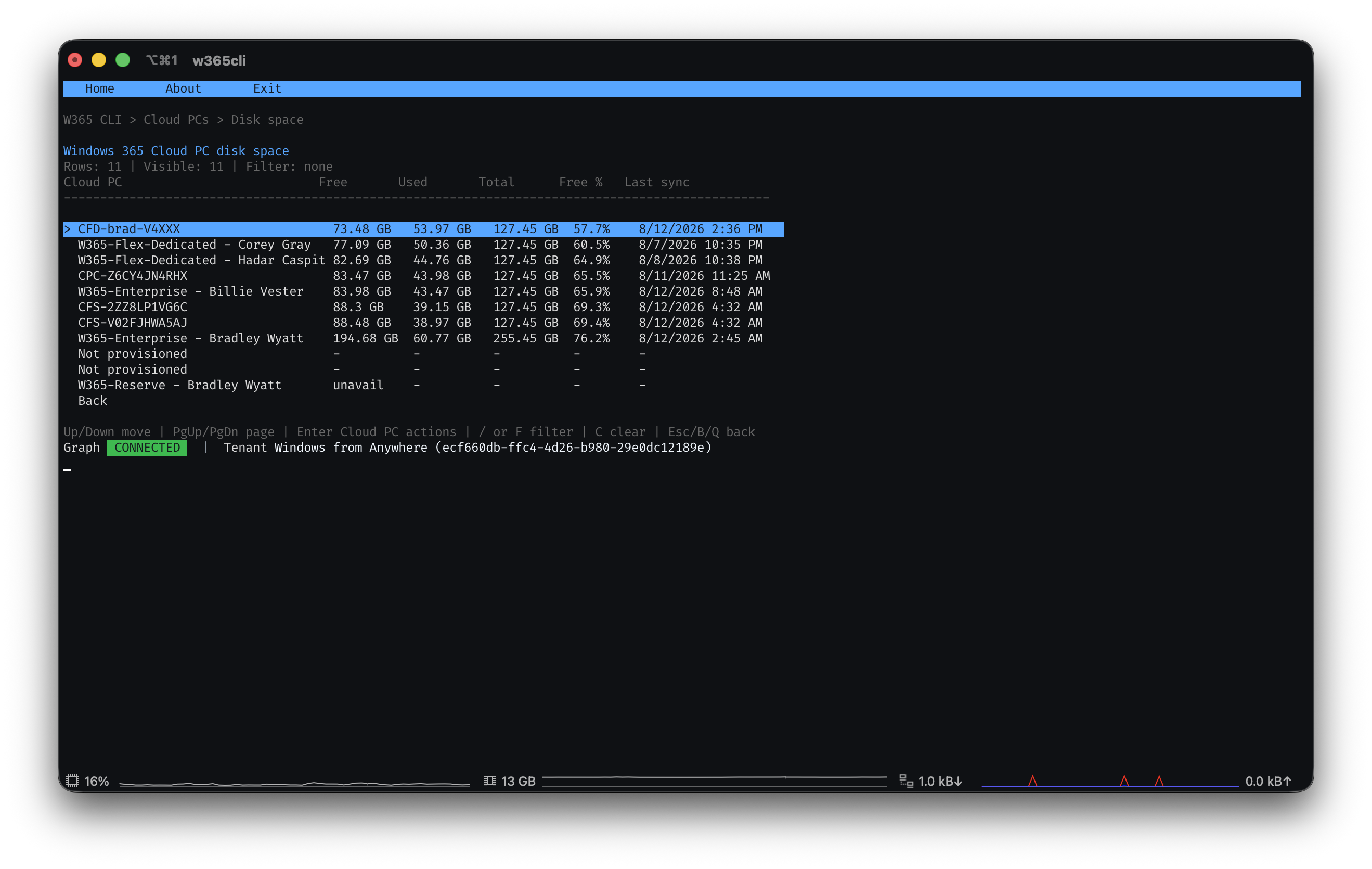 Viewing Cloud PC disk space and snapshot details