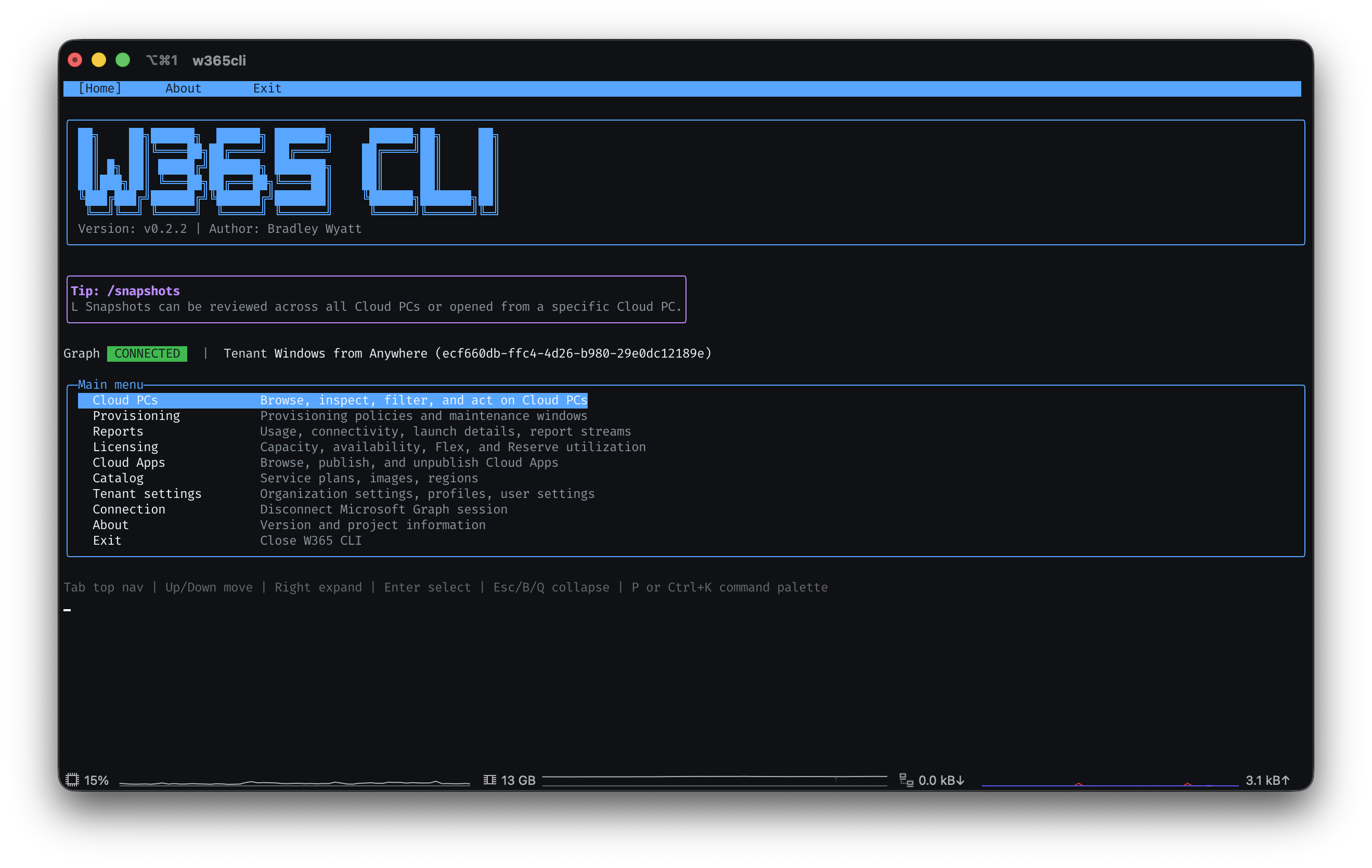 W365 CLI main menu showing tenant status, connection info, and update check
