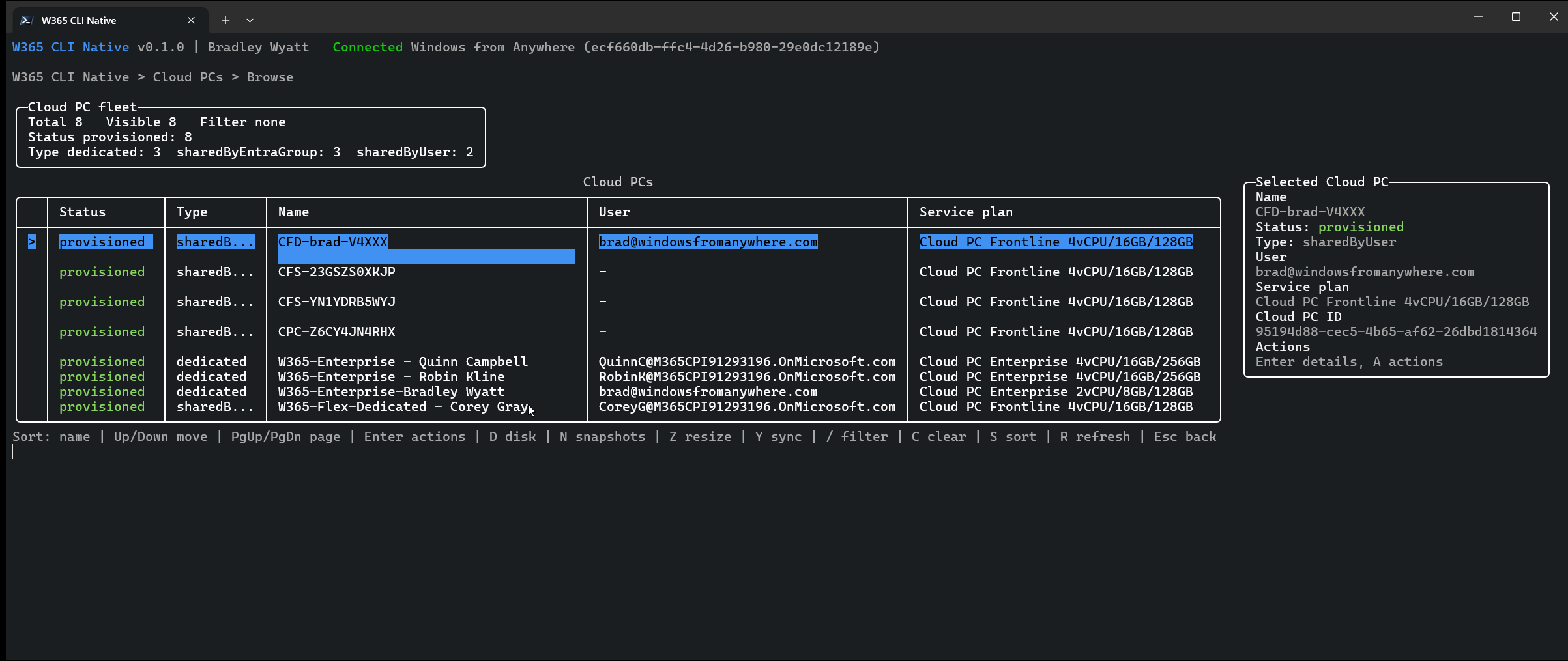 W365 CLI Native browsing a Cloud PC fleet with filters, sorting, and a detail panel