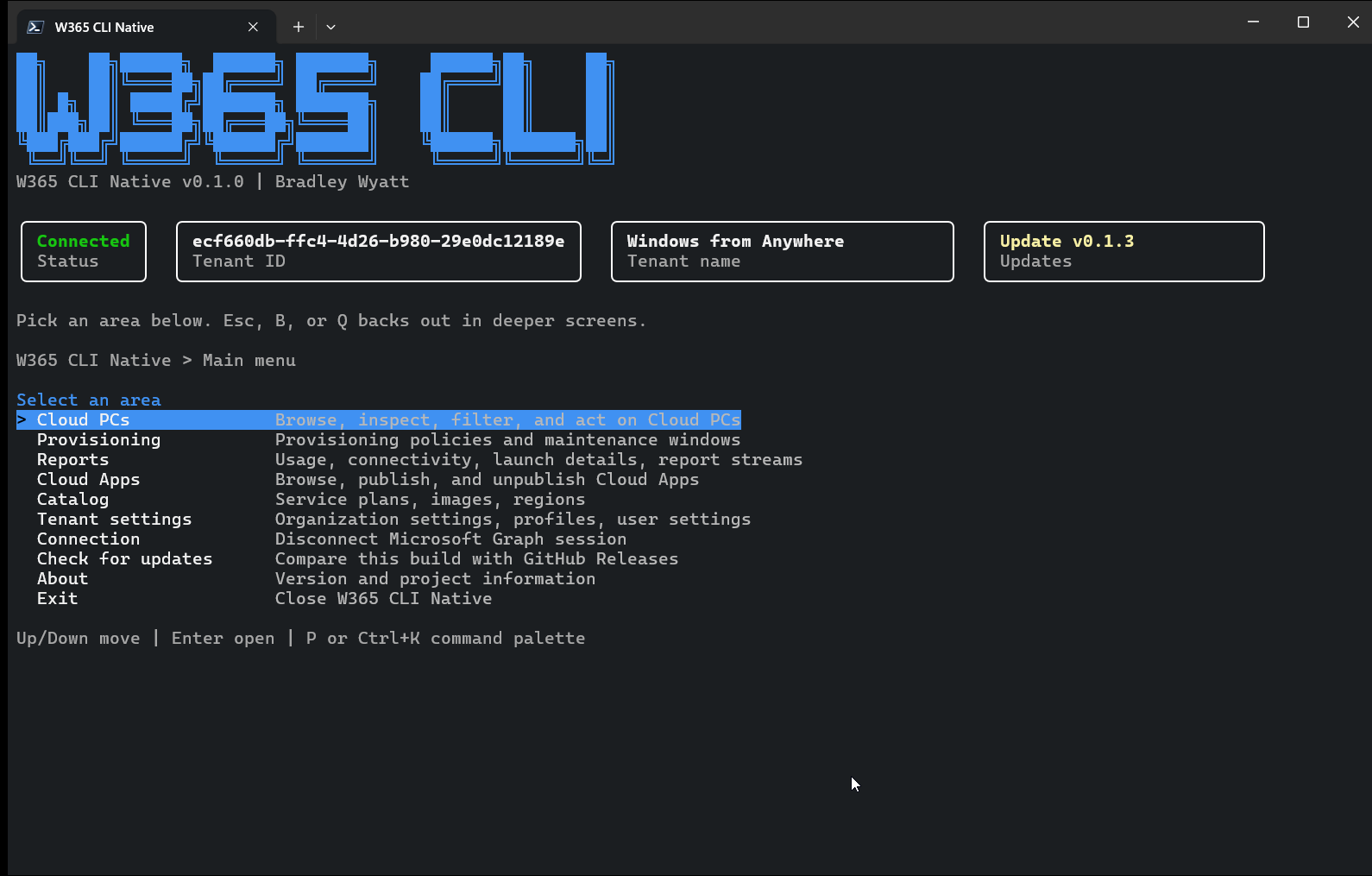 W365 CLI Native main menu showing tenant status, connection info, and update check