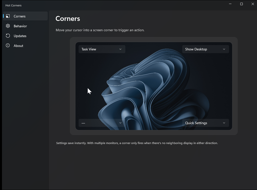 Hot Corners settings window showing four corner dropdowns over a screen-shaped preview.